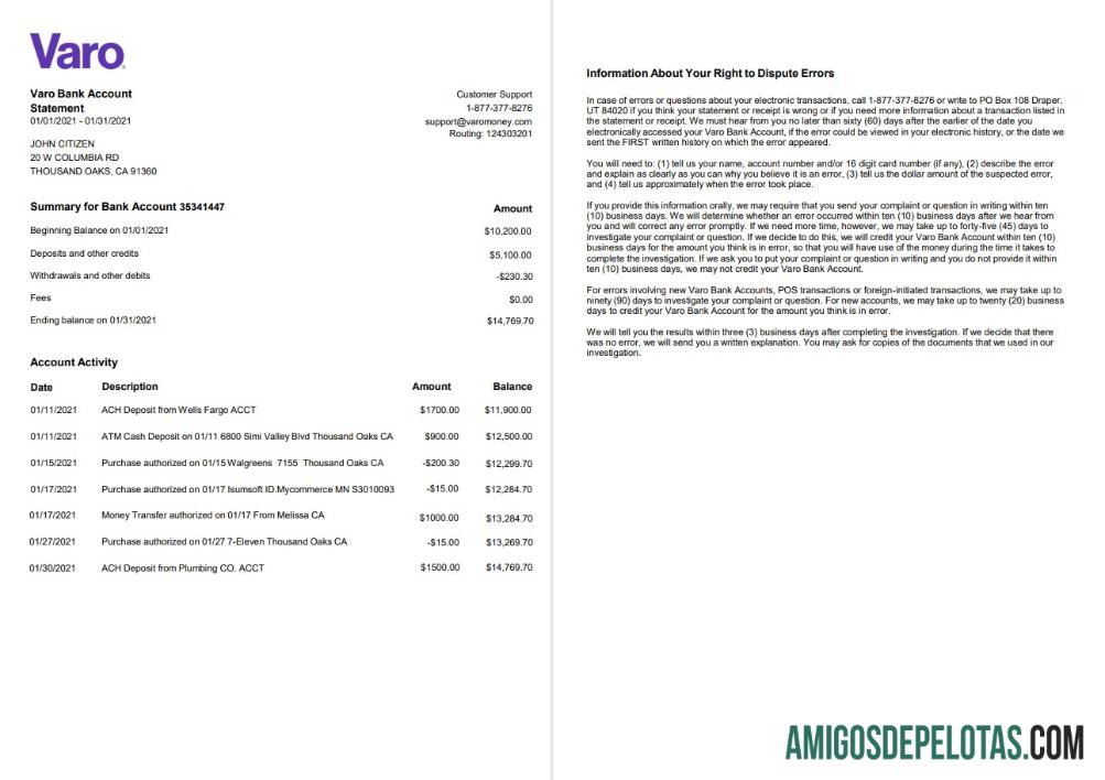 Modelo realista de extrato bancário Varo dos EUA Califórnia em formato Word e PDF, 2 páginas